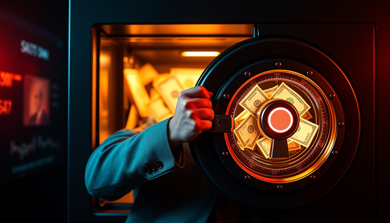  confident trader unlocking digital safe filled with glowing capital notes