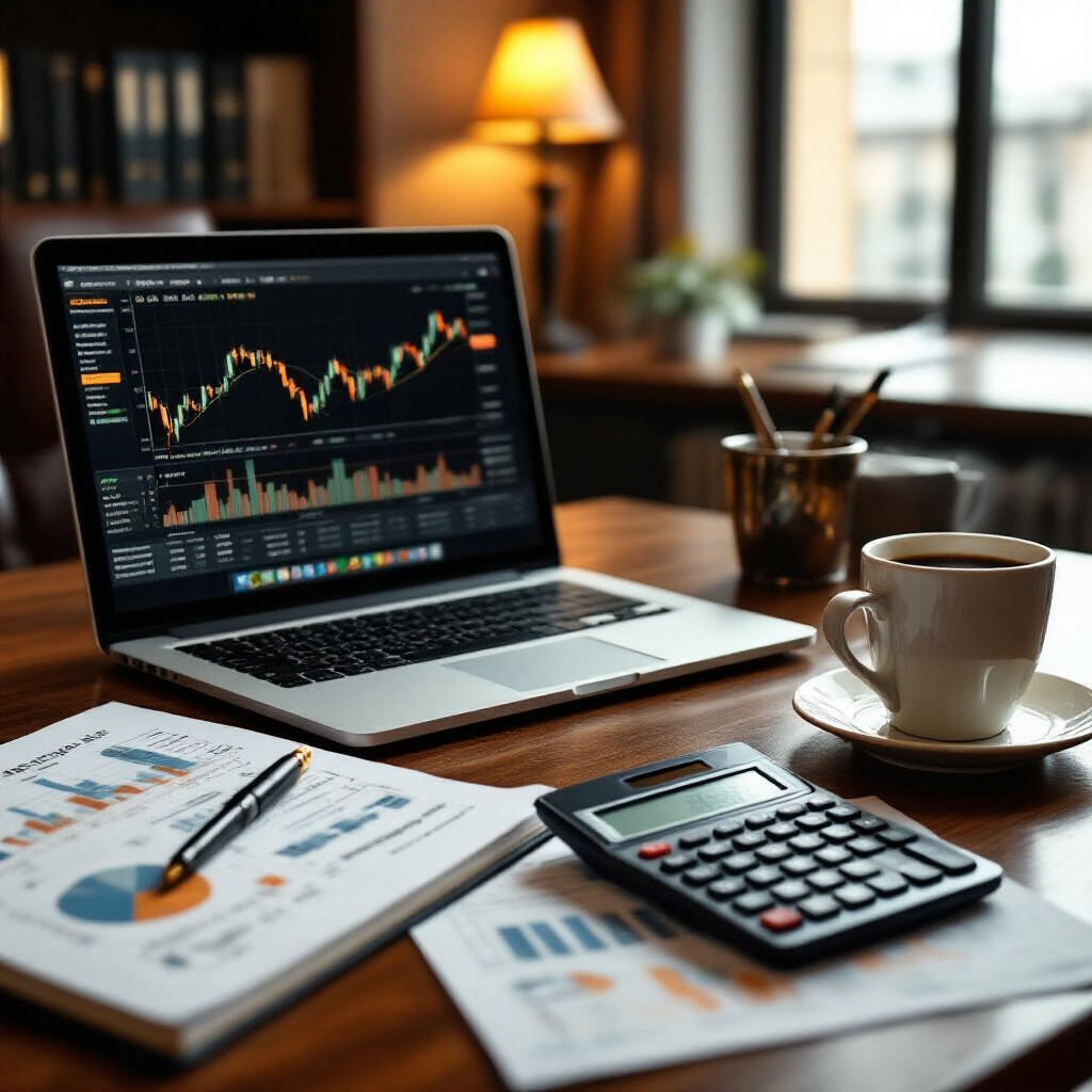 Create a realistic image of a polished executive desk with a laptop displaying stock charts, a notebook with investment notes, a cup of coffee, a calculator, and financial reports with highlighted growth trends, all under warm, professional office lighting that suggests strategic thinking and financial planning.