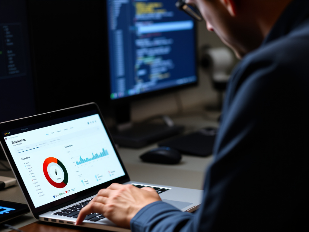 professional developer checking website speed and performance metrics on a laptop with corporate interface