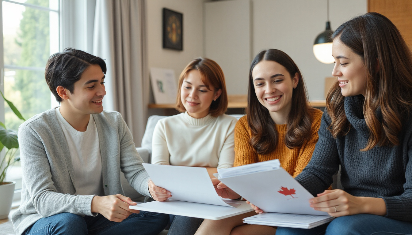  Peaceful Canadian family reviewing budgets, elimination of credit debt, happy expressions, home setting