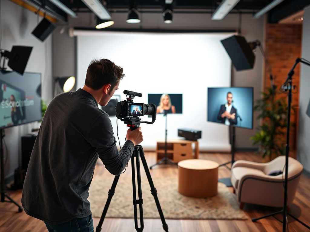 professional content creator filming a video for a blog post in a modern studio