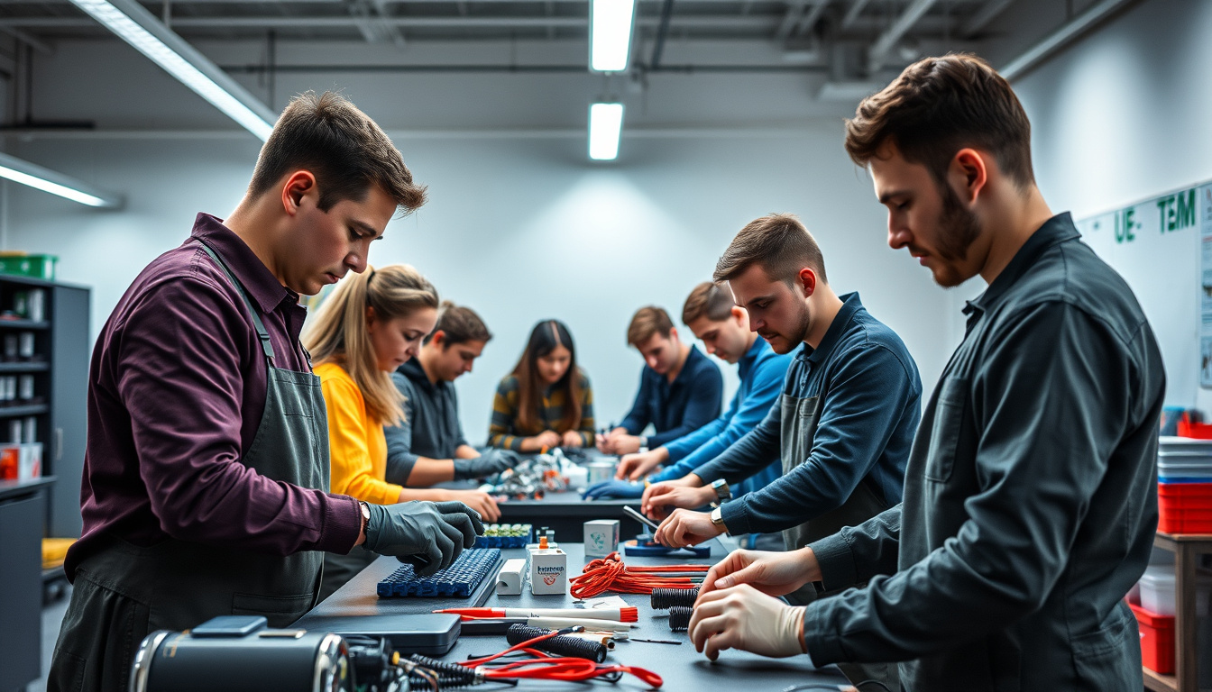diverse group engaged in vocational training, hands-on learning environment, dynamic teamwork
