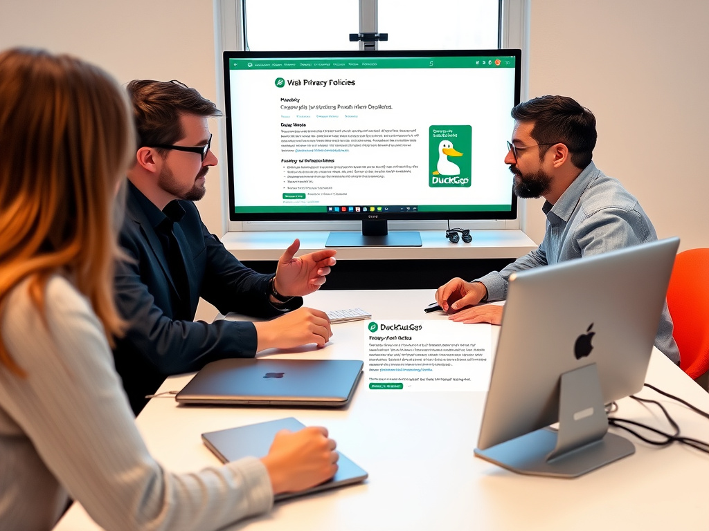 professional digital marketing team discussing privacy policies with DuckDuckGo branding on screens