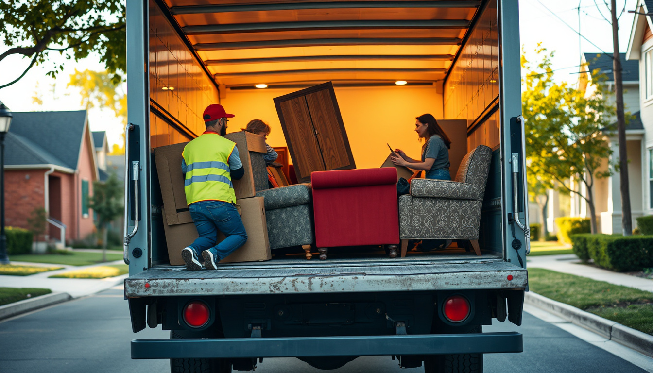  Friendly junk removal crew loading furniture into a truck, clean suburban street, bright atmosphere