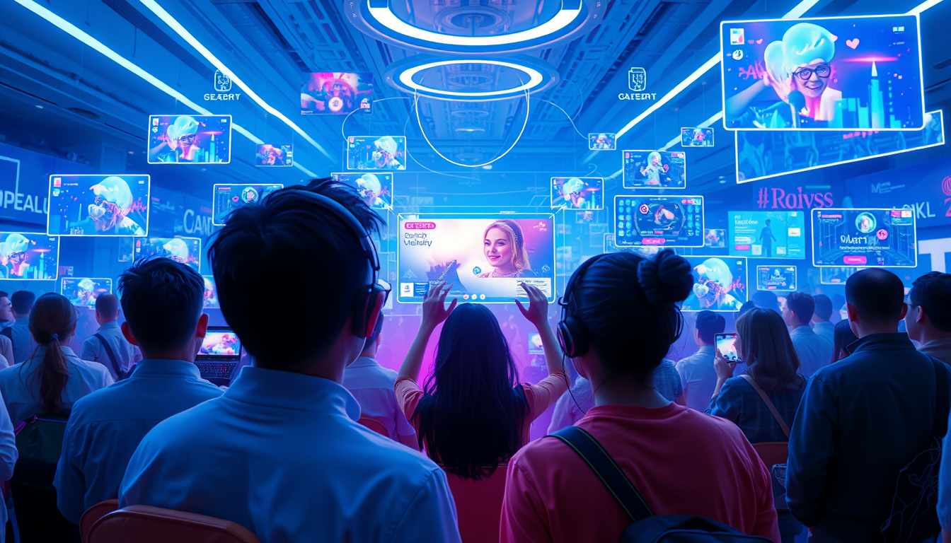  A futuristic scene of people streaming content on holographic screens
