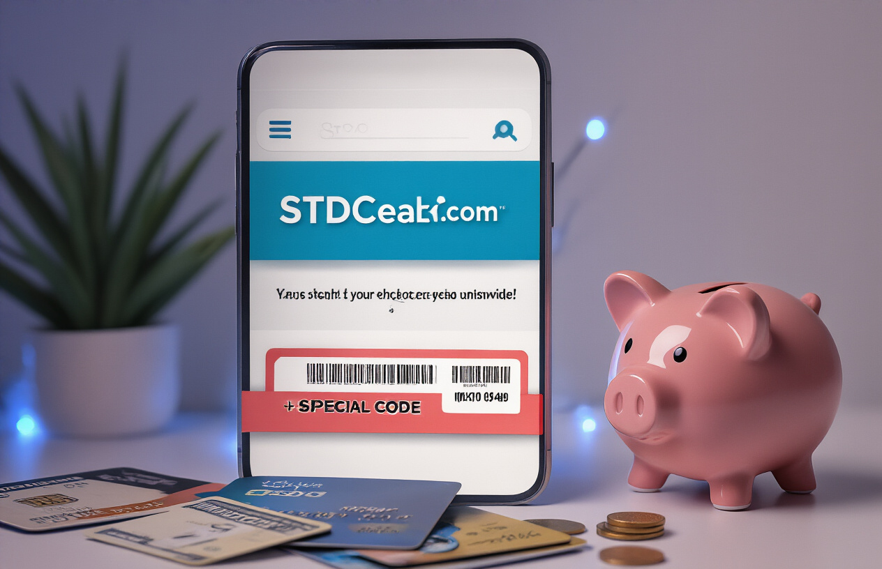 Create a realistic image of a smartphone displaying the STDCheck.com website with a visible coupon code or special discount banner, surrounded by credit cards and a small piggy bank, against a clean white background with soft blue accent lighting to convey savings and financial benefits.