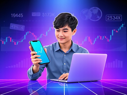 modern digital illustration of a young professional using a trading app on smartphone and laptop simultaneously, with colorful financial charts and graphs in the background, futuristic interface elements, blue and purple color scheme, clean and professional style