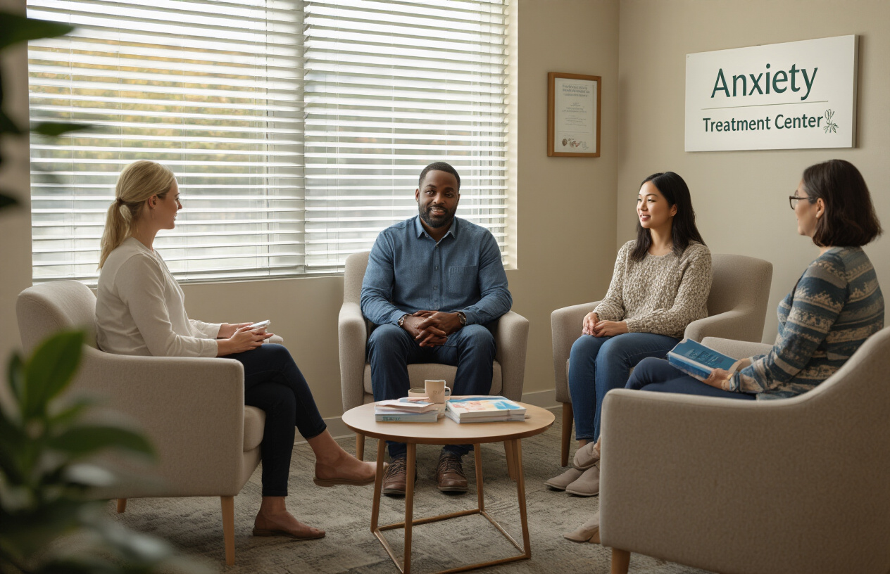 Create a realistic image of a calm, professional therapy office with soft, natural lighting streaming through partially opened blinds, showing a diverse group of three people (a white female therapist, a black male patient, and an Asian female patient) sitting in comfortable chairs arranged in a circle, with a small coffee table in the center holding therapy resources like workbooks and stress relief tools, and a wall with framed credentials and a sign reading "Anxiety Treatment Center" in the background.