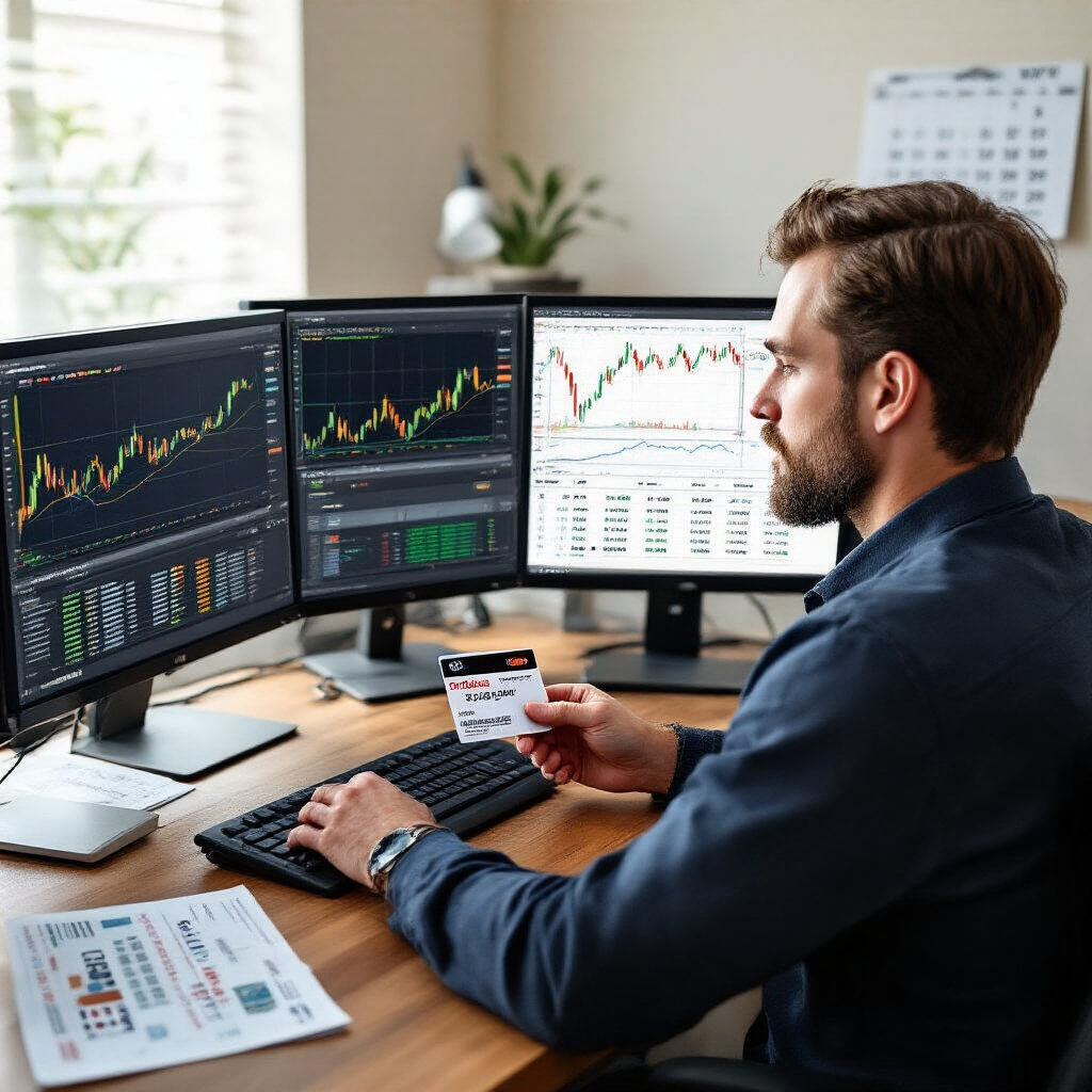 Create a realistic image of a white male professional trader sitting at his desk with multiple monitors displaying TradingView charts and discount codes, examining a credit card and a printed coupon labeled "TradingView Premium Discount," with a spreadsheet showing price comparisons visible on one screen, in a well-lit home office setting with a calendar marked with renewal dates.