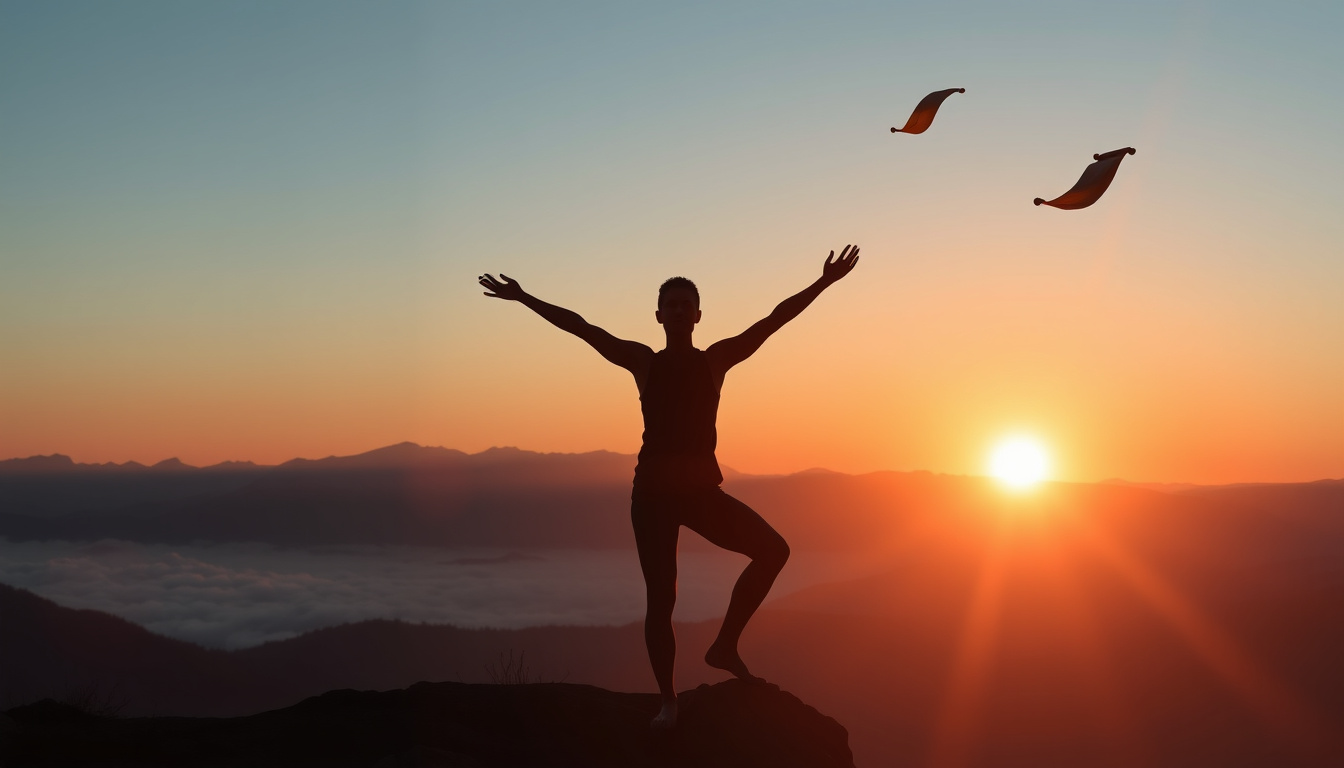  radiant sunrise over tranquil mountains, silhouette practicing yoga, ancient scrolls floating in air