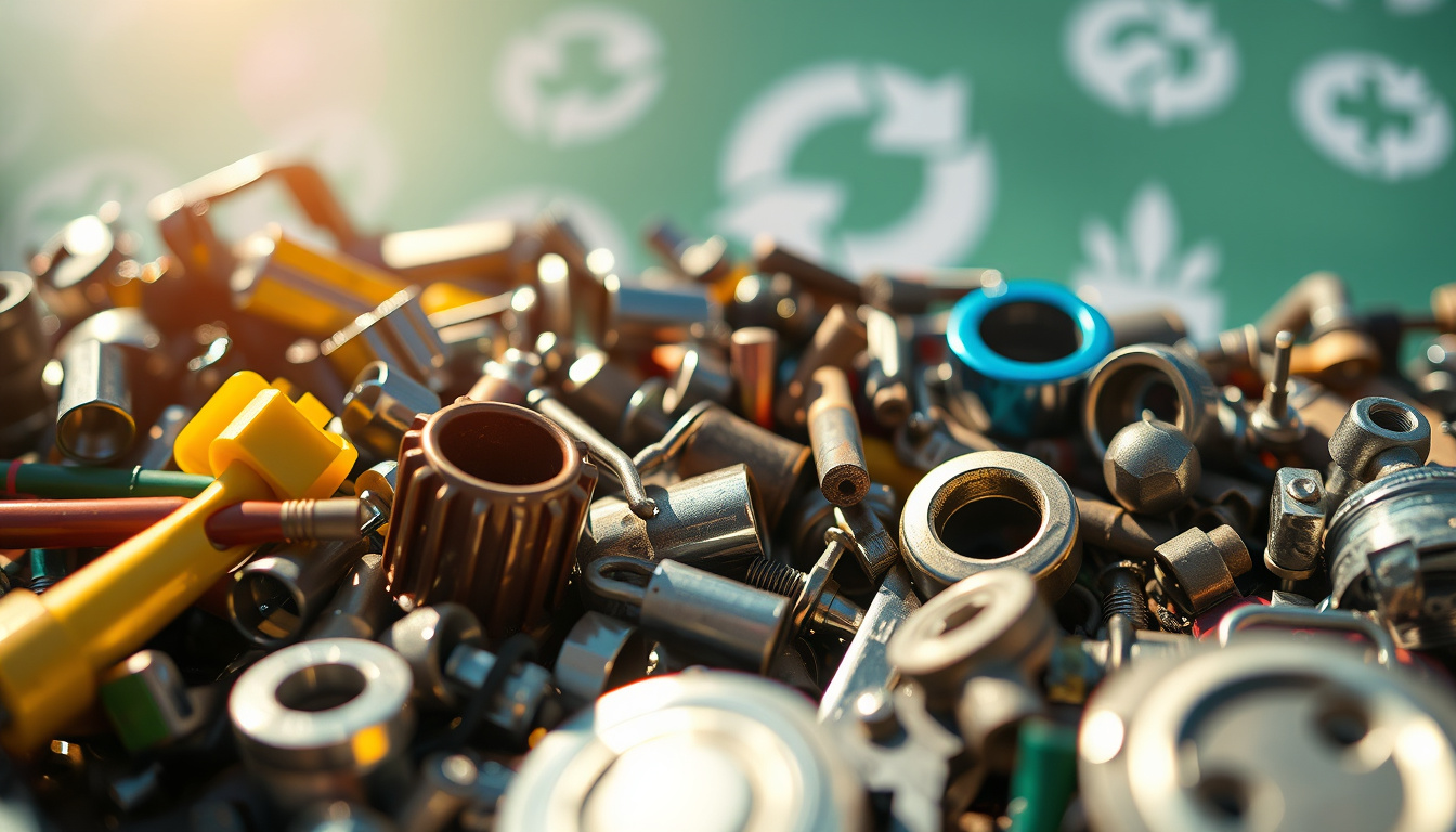  Close-up of sorted metal scraps gleaming in sunlight, eco-friendly symbols in background