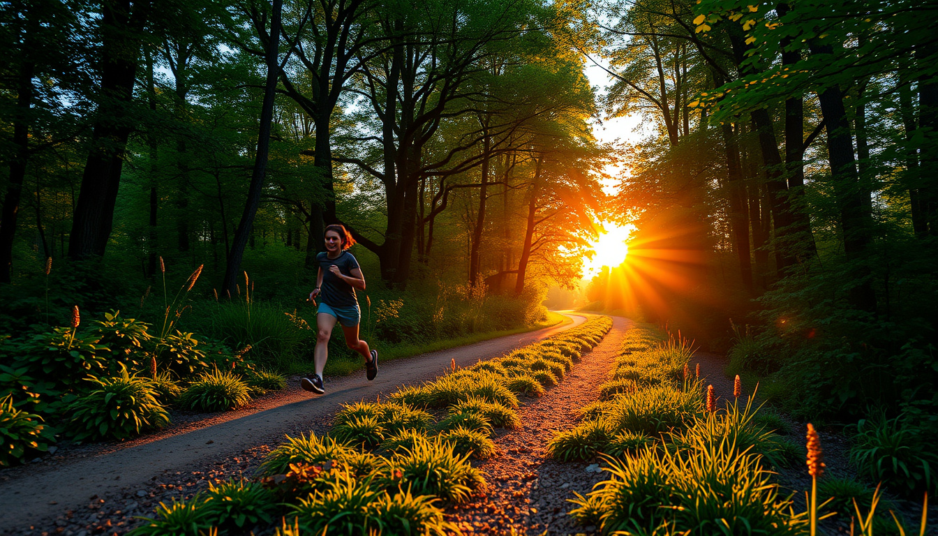  Energetic individual jogging at sunrise on lush trail