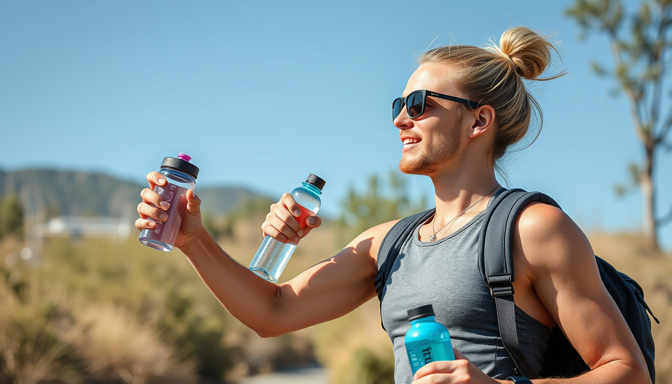  Motivated individual achieving fitness goals outdoors with water bottles and exercise equipment