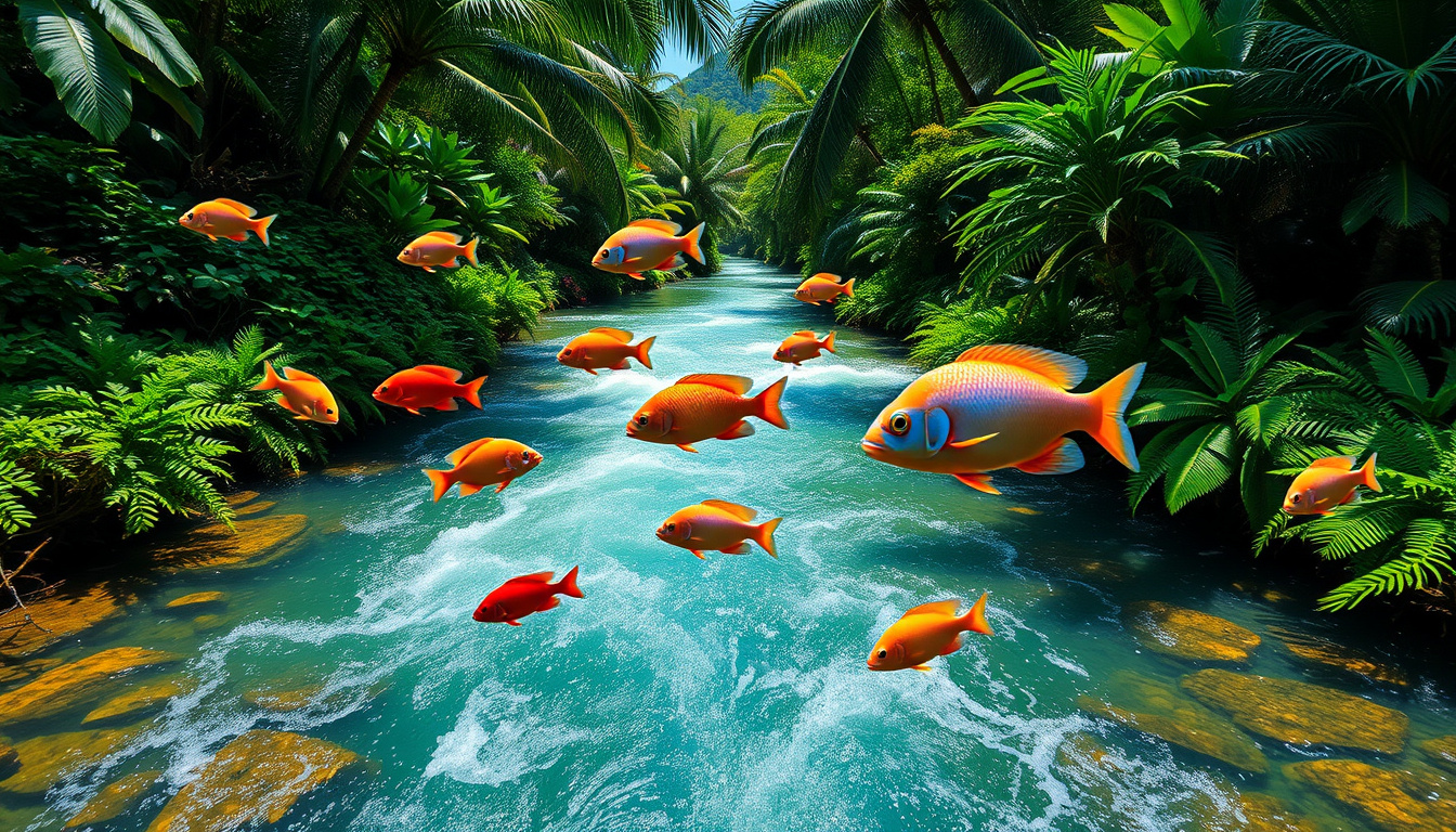  vibrant tropical river with colorful fish jumping near lush greenery banks