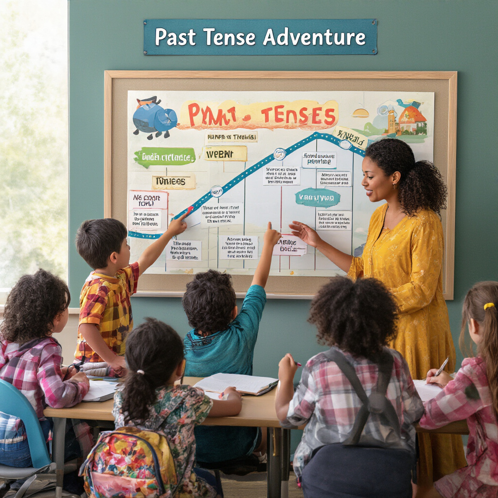 Create a realistic image of a diverse classroom setting where a female teacher is explaining past tenses on a colorful timeline board, with elementary school children (mix of races, both boys and girls) engaged in a time travel storytelling activity, some pointing at verb cards, others writing in notebooks, with the text "Past Tense Adventure" displayed above the timeline.