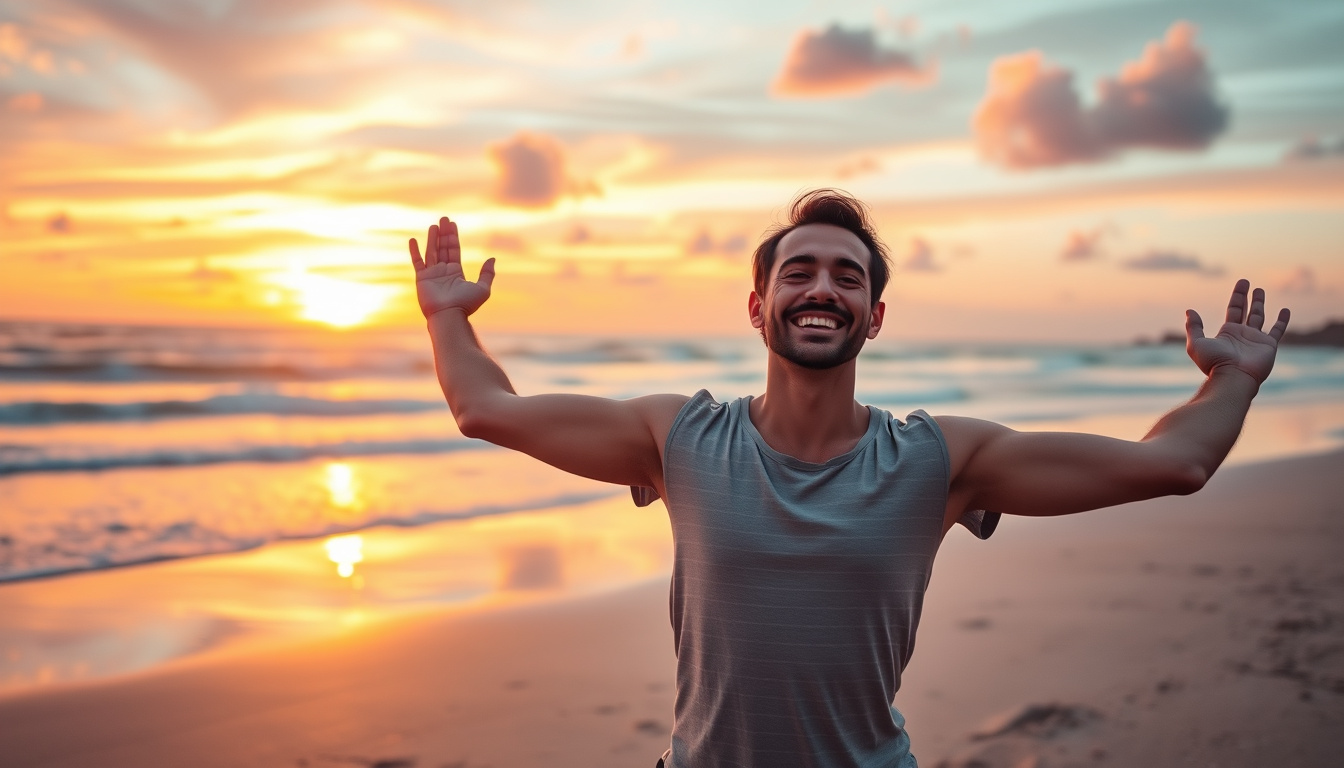  Bright smiling individual practicing yoga on beach at sunset, colorful sky, relaxed and joyful atmosphere