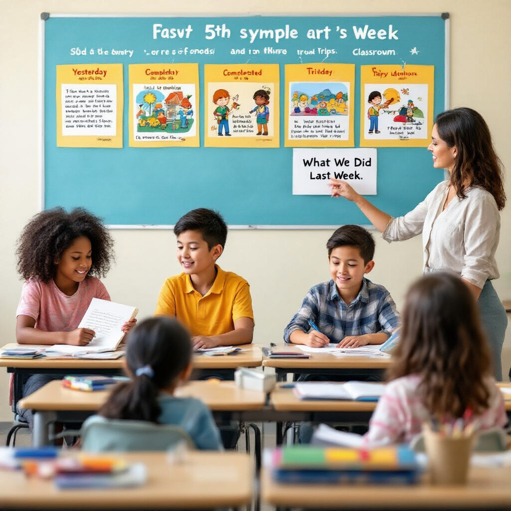 Create a realistic image of a diverse classroom with 5th grade children engaged in various activities demonstrating past tense usage, including a Black girl writing a diary entry about yesterday's events, an Asian boy describing a completed art project, and a White female teacher pointing to a colorful timeline on the wall showing "What We Did Last Week" with simple illustrations of field trips and classroom activities.