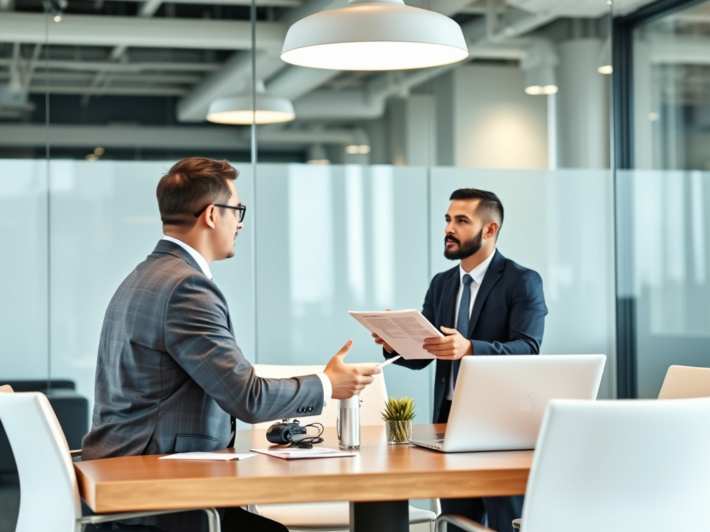 business executive discussing partnership terms with a digital marketing agency in a modern conference room