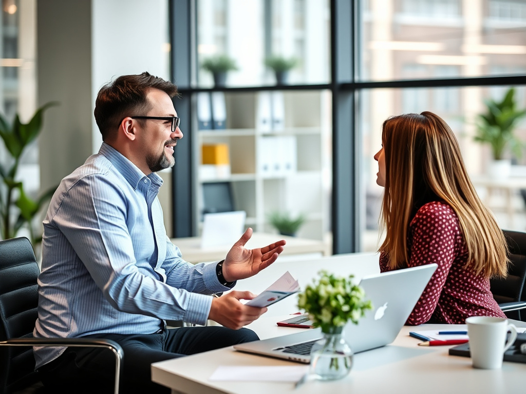 Business professional discussing ethical SEO practices with a client in an office setting