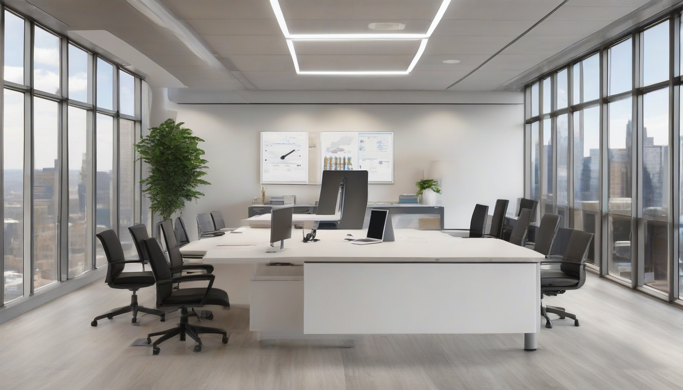  Sleek modern RIA office with SEC compliance symbols and brand logos