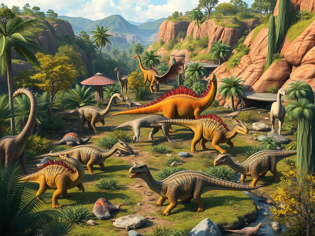 A digitally rendered reconstruction of a diverse dinosaur ecosystem in a prehistoric landscape, showcasing various species interacting, corporate illustration style, naturalistic colors