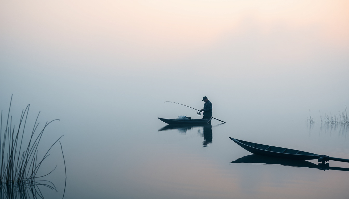  A serene lake at dawn with a fisherman selecting fishing gear, misty background