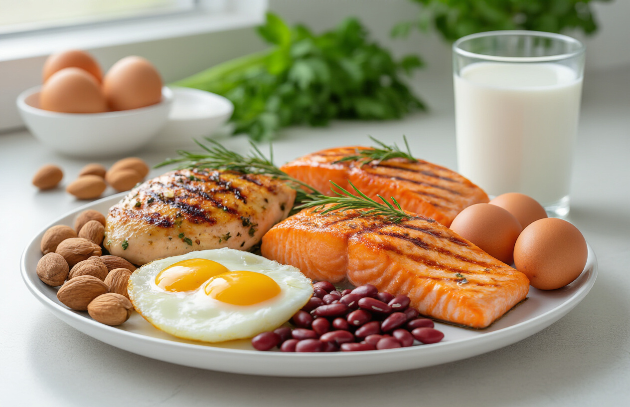 Create a realistic image of protein-rich foods arranged on a white plate including grilled chicken, salmon, eggs, nuts, and legumes, with a subtle focus on a glass of milk nearby, all positioned against a clean kitchen countertop with soft natural lighting highlighting the healthy textures and colors of these foods known to promote gum health.