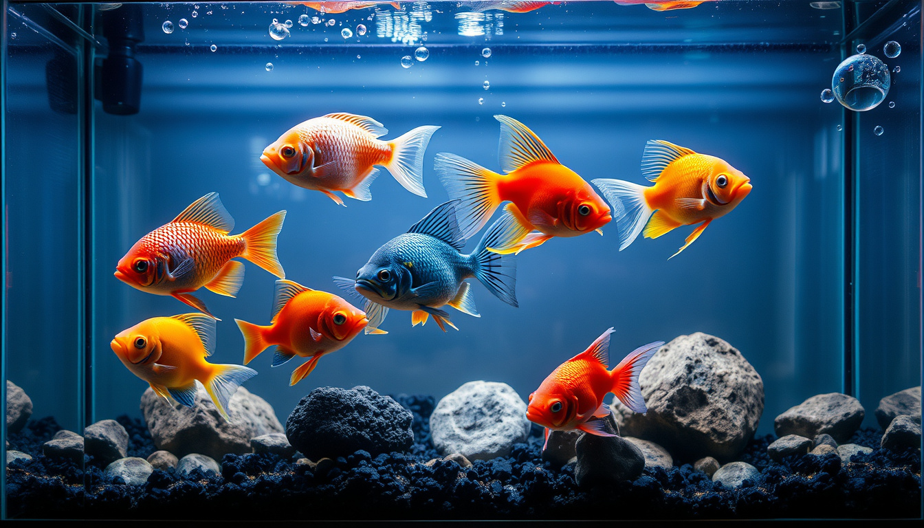  peaceful freshwater fish species in decorated glass tank with bubbles and rocks