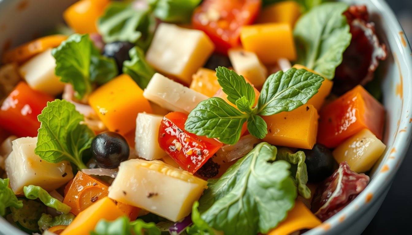  Close-up of a healthy salad bowl with colorful ingredients, focus on texture and freshness