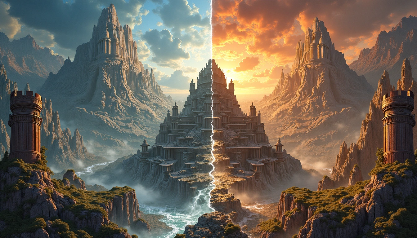 Side by side comparison showing Greek temple ruins and Viking longship representing different mythological traditions