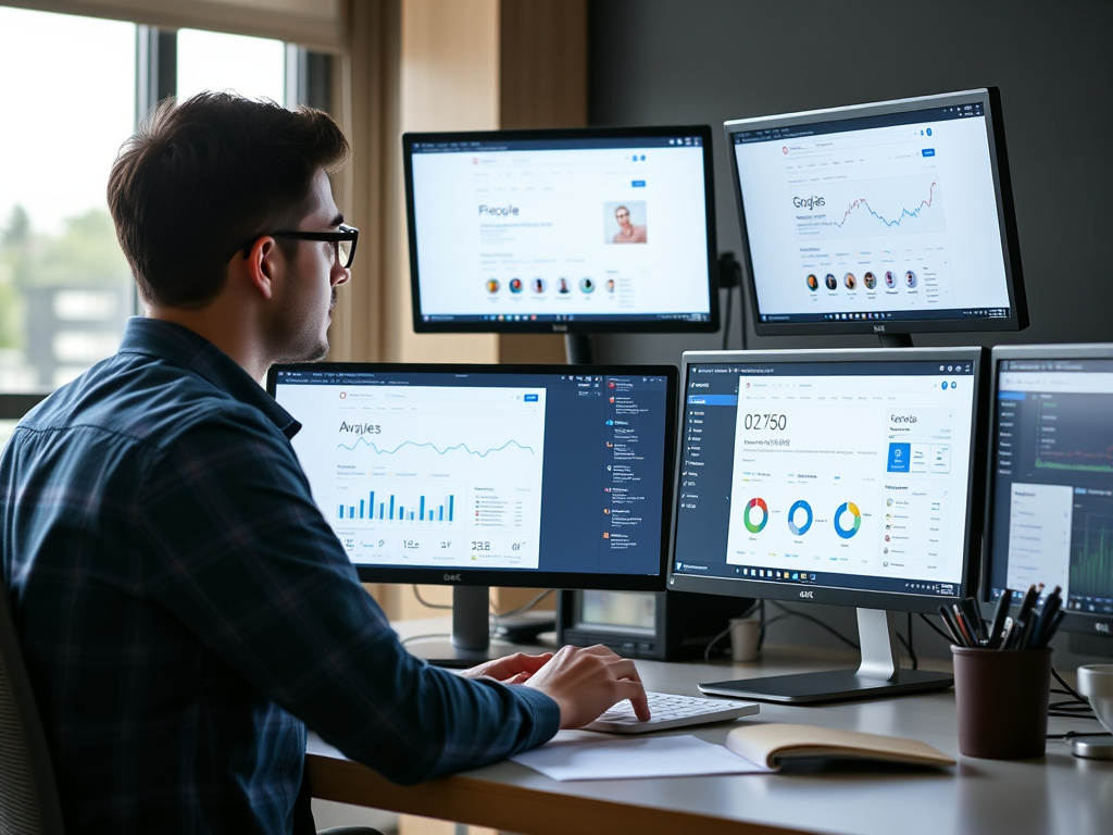 professional workspace with multiple screens displaying Google search analytics and user data
