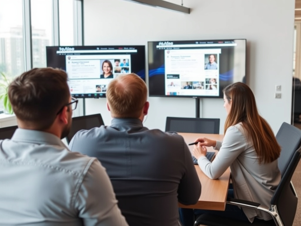 marketing team planning social media campaigns on digital screens in a corporate conference room