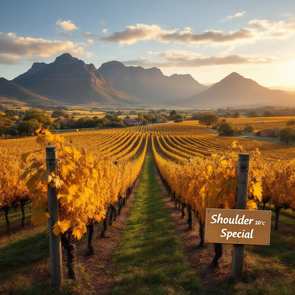 Create a realistic image of a serene vineyard in South Africa during autumn (April-May), showing golden-brown grape leaves with mountains in the background, fewer tourists visible, comfortable temperatures displayed on a small weather widget showing 20°C, soft late afternoon lighting creating a warm glow, and a sign reading "Shoulder Season Special" suggesting tourism deals, capturing the perfect balance of weather and crowd conditions.