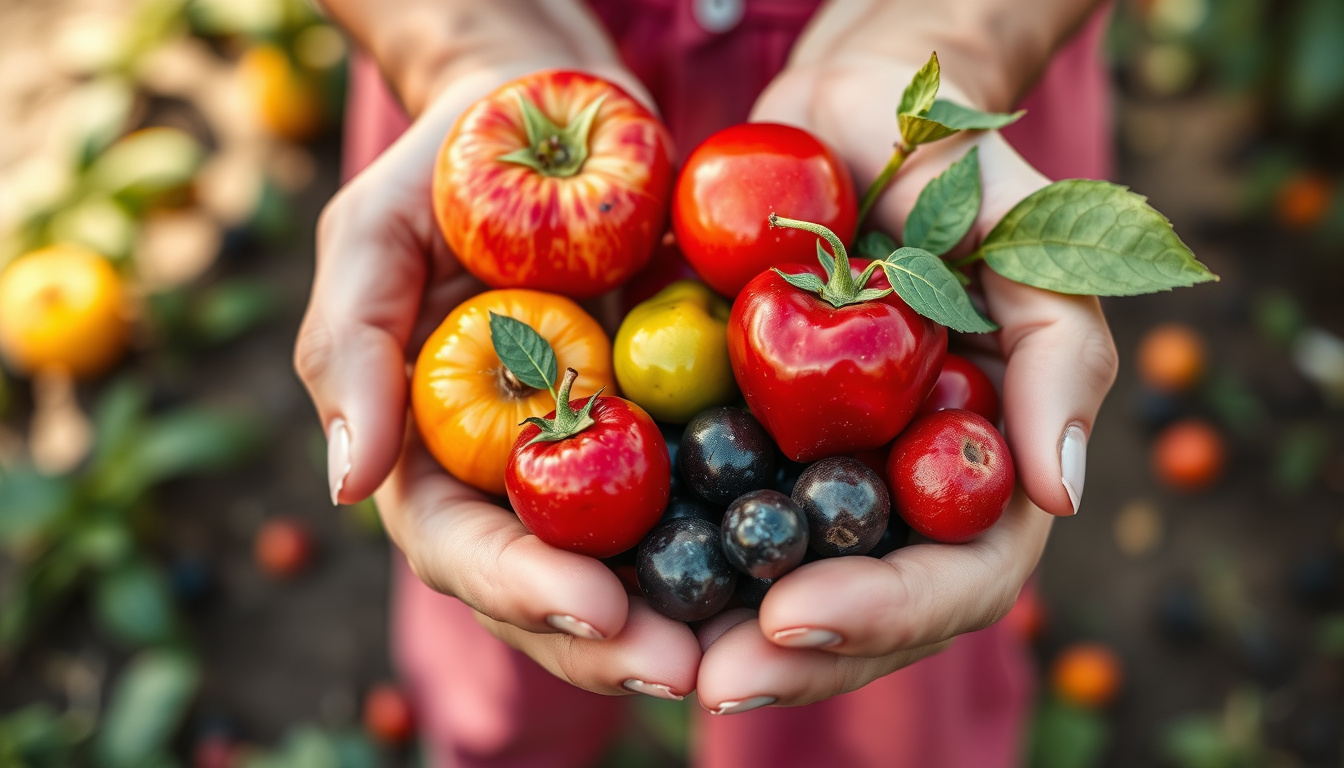  Close-up of hands holding vibrant organic fruits, natural farm background, sustainability concept
