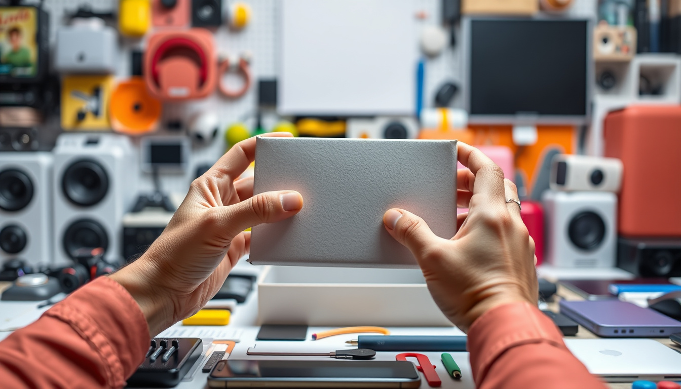  hands excitedly unboxing latest electronics, colorful gadget-packed table background