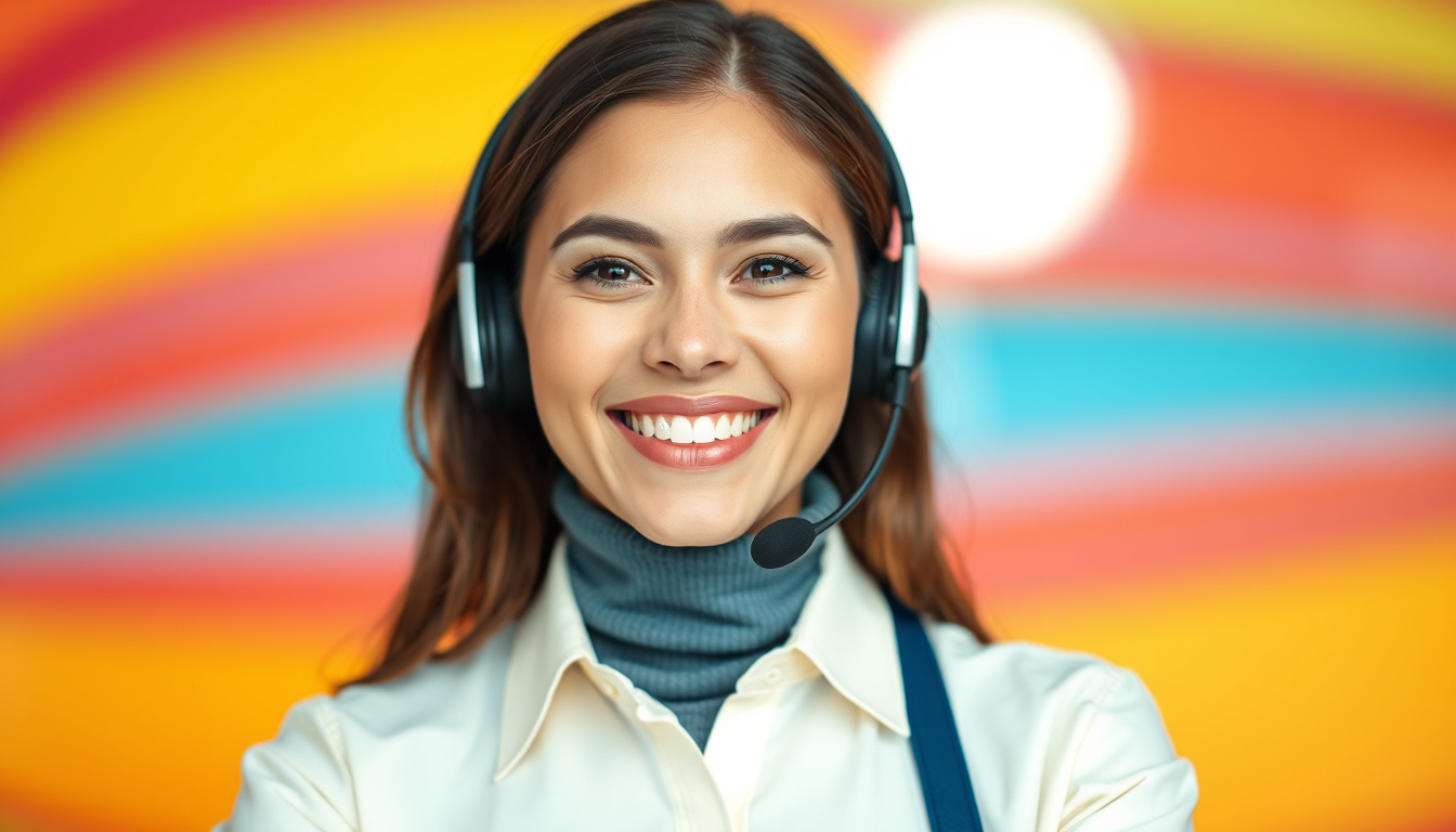  happy customer service representative answering calls, vibrant background, smiling confident face