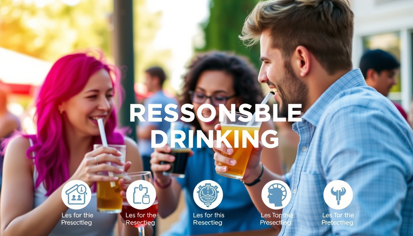 People enjoying responsible drinking outdoors, colorful drinks and safety symbols
