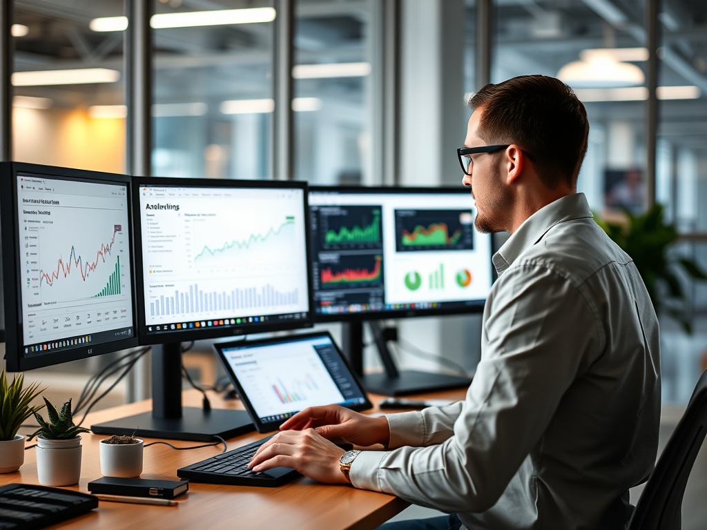 professional SEO specialist analyzing website analytics on multiple screens in a modern office
