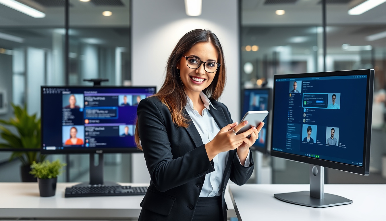  professional virtual receptionist handling customer inquiries on multiple screens, sleek technology environment