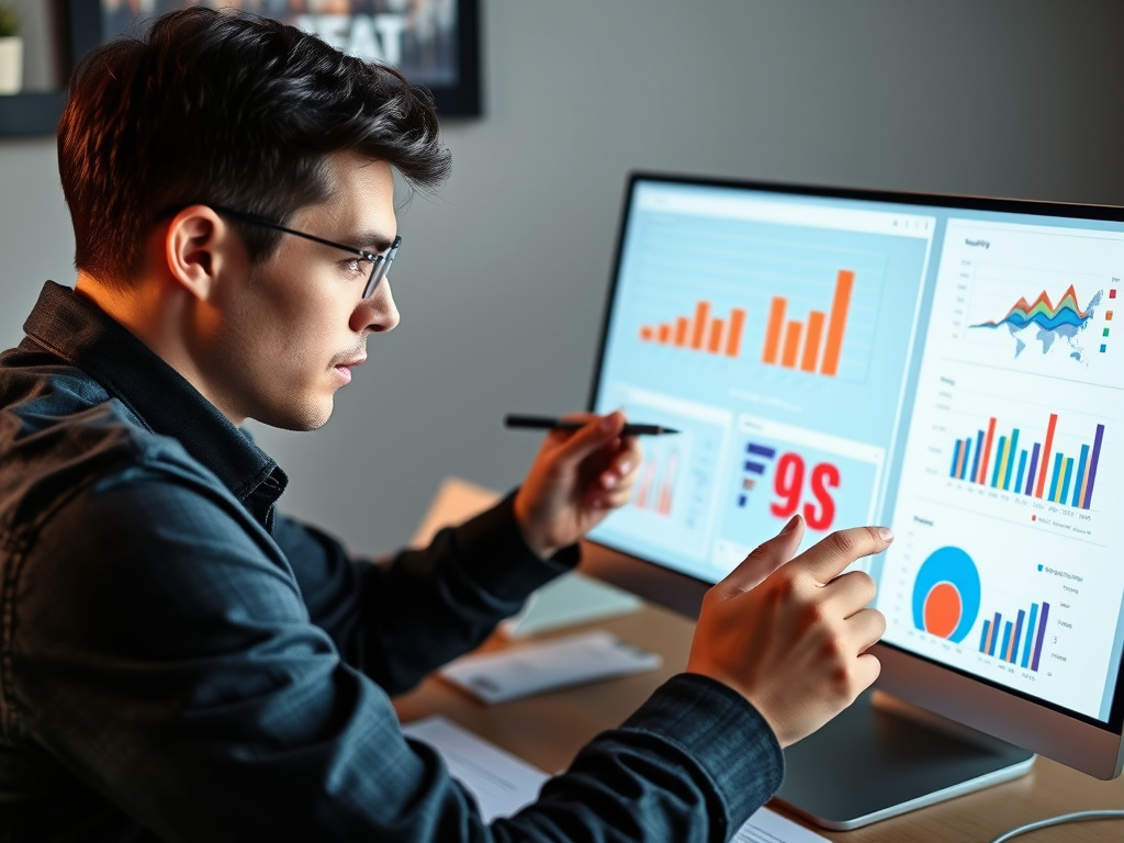 professional writer analyzing digital content strategy on a desktop with charts and notes