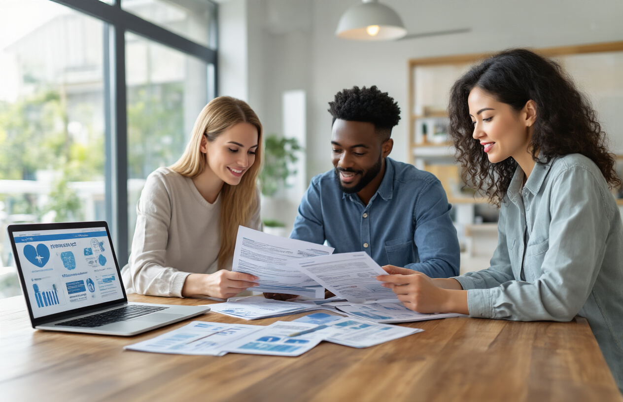 Create a realistic image of a diverse group of three people - a white female, a black male, and an Asian female - sitting around a modern wooden table reviewing health insurance documents and brochures, with laptops open showing healthcare comparison websites, in a bright contemporary office space with large windows, soft natural lighting, and a calm, focused atmosphere suggesting informed decision-making about healthcare options, with medical icons and charts visible on computer screens but absolutely NO text should be in the scene.