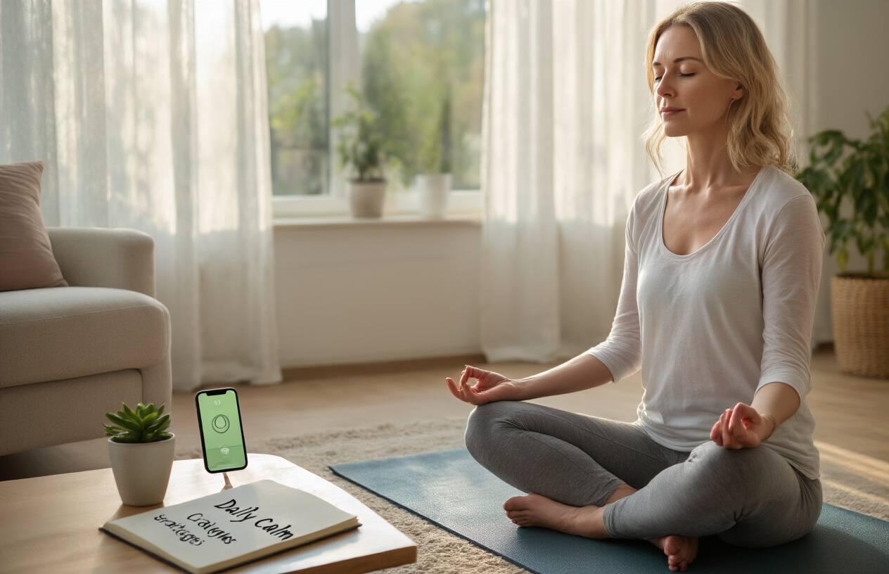 Create a realistic image of a serene living room setting where a mid-30s white female with a relaxed expression sits cross-legged on a yoga mat, practicing deep breathing exercises, with a smartphone displaying a meditation app nearby, soft natural light streaming through sheer curtains, a small potted plant on a coffee table, and a notebook with "Daily Calm Strategies" written on the open page, conveying a peaceful moment of anxiety management in everyday life.
