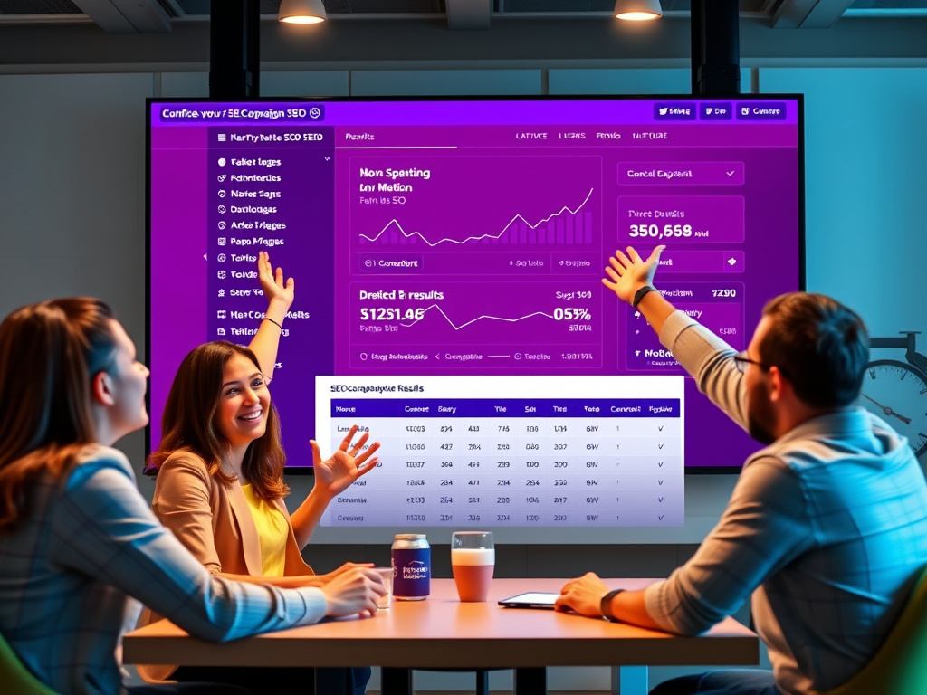 Business team celebrating success over SEO campaign results displayed on a large digital screen