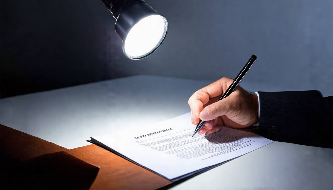  person signing contract under spotlight, highlighting legal responsibility concepts