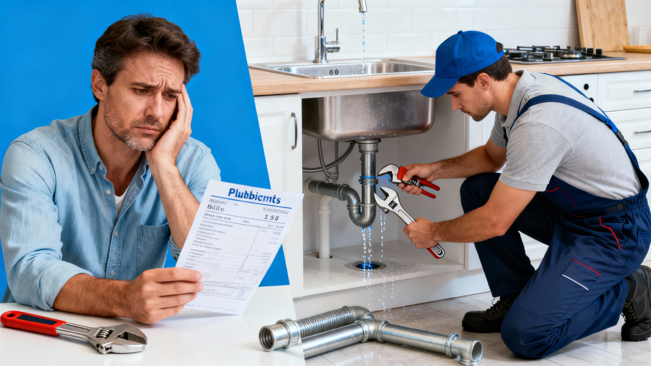  frustrated homeowner looking at rising plumbing bills, technician examining water leak under sink