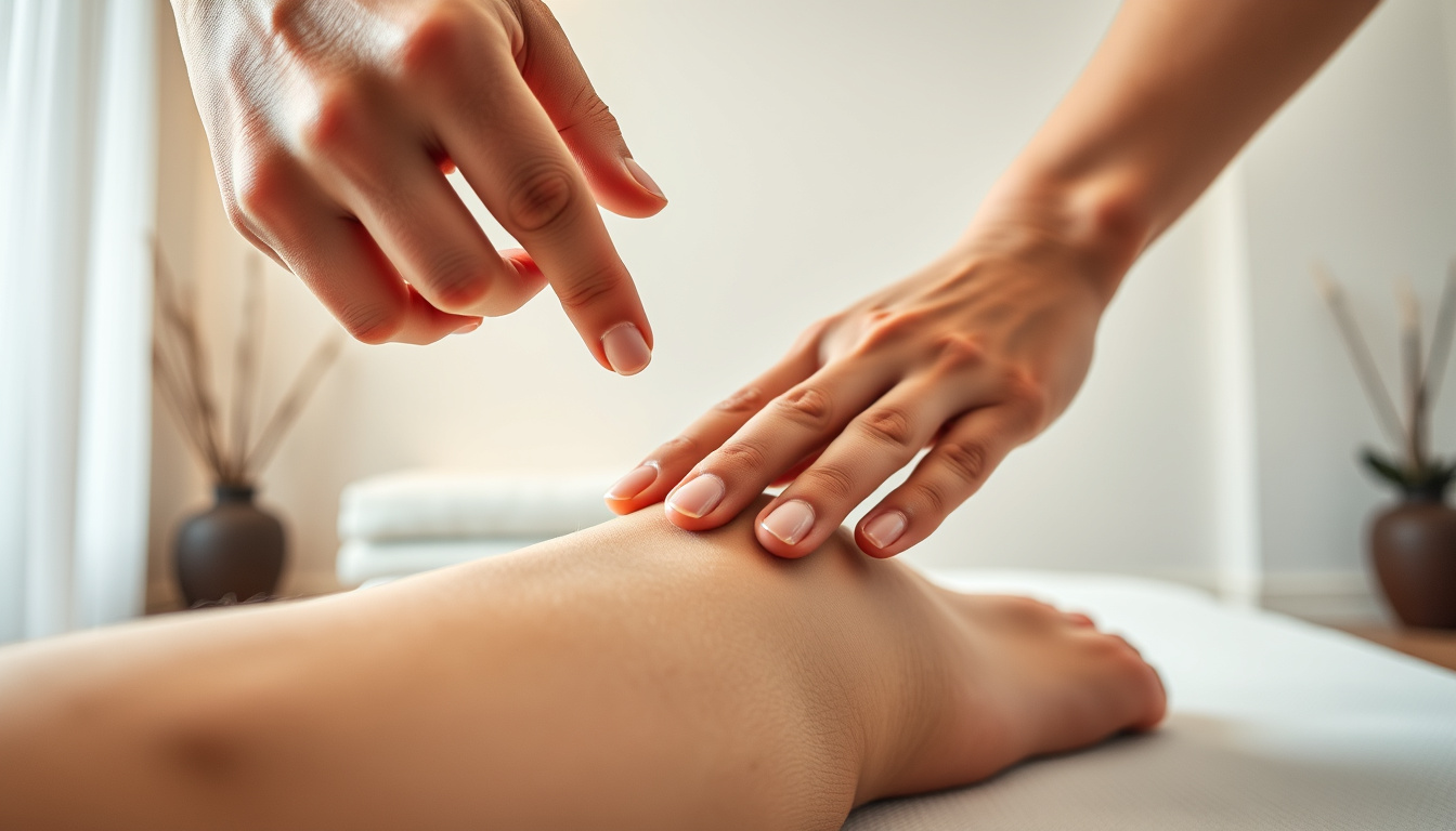  close-up hands pressing acupressure points on leg, serene therapy room, calming mood