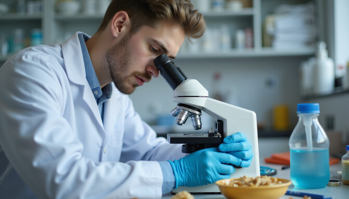  Student studying detailed fungal specimens under microscope in a bright lab —no extra words