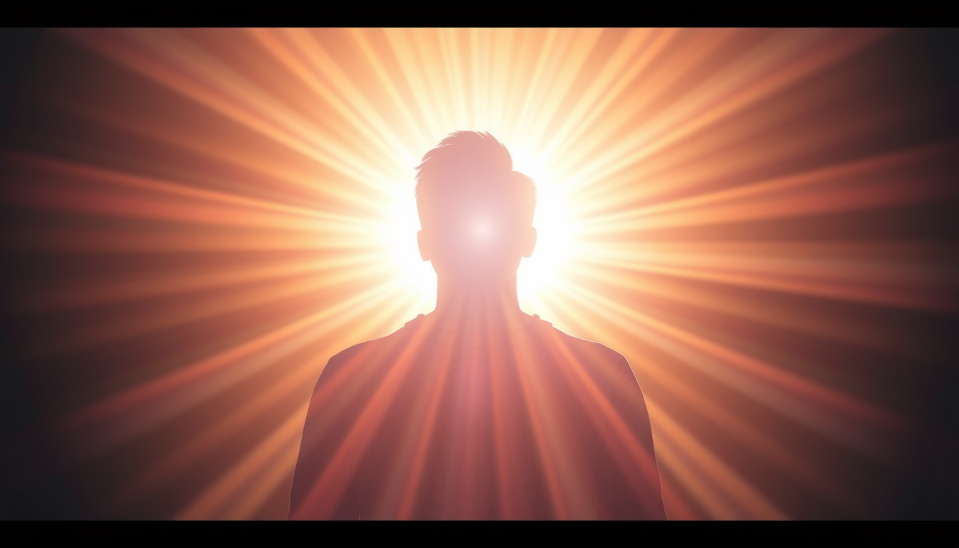  Radiant light enveloping calm individual, symbolizing inner peace and personal growth journey