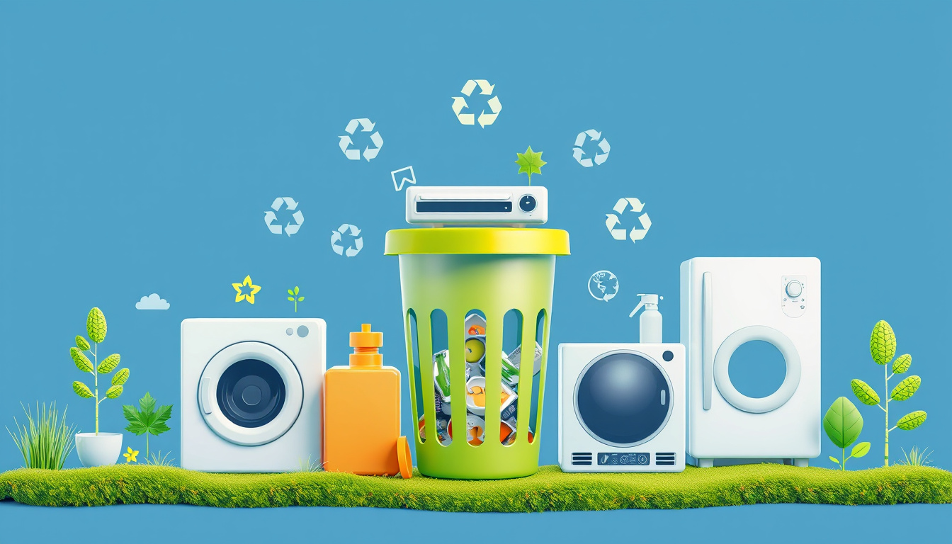 Eco-friendly disposal of appliances with reusable symbols and clean landscapes