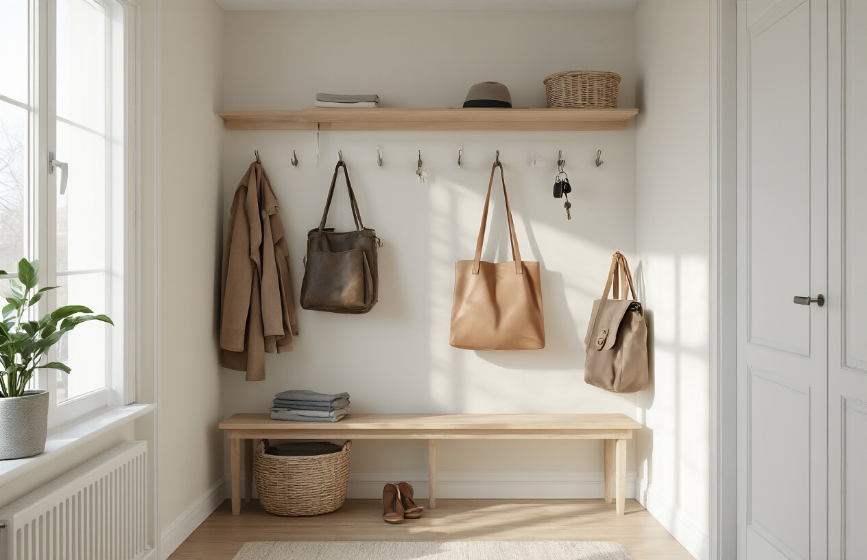 Create a realistic image of a small apartment hallway with strategically placed minimalist wall hooks, showing a tidy arrangement of coats, bags, and keys, with natural light streaming in, highlighting the efficient use of vertical space while maintaining an open, uncluttered feel.